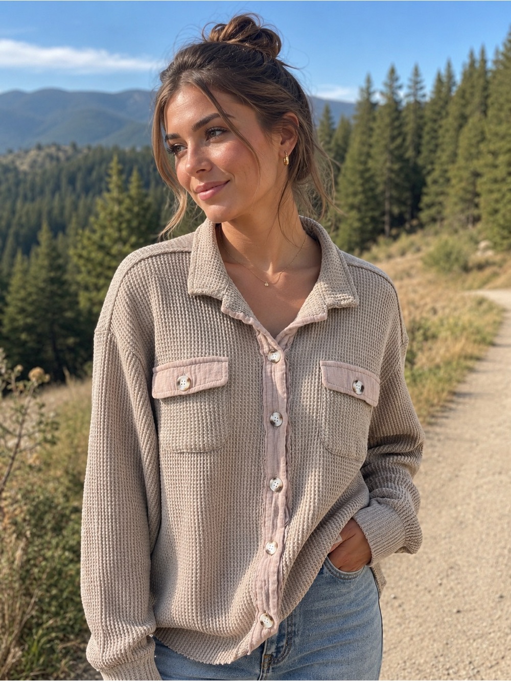 Amazon Taupe Utility Shirt Jacket with Contrast Trim